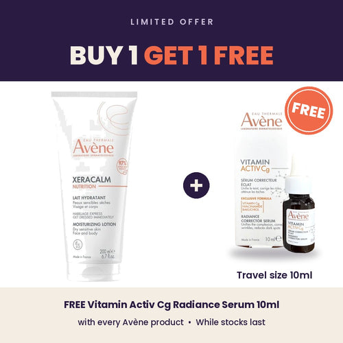 Buy 1 Get 1 Free: AVENE Xeracalm Moisturizing Lotion 200ML + FREE Avène Vitamin Activ Cg Radiance Serum 10ml travel size