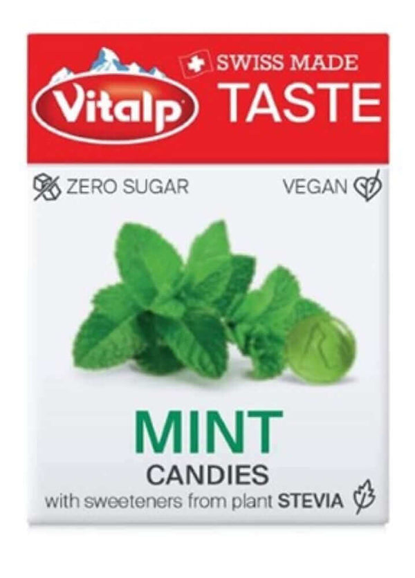 VITALP Mint Sugar Free Candies box featuring fresh mint and plant-based sweeteners, Swiss made, vegan-friendly.