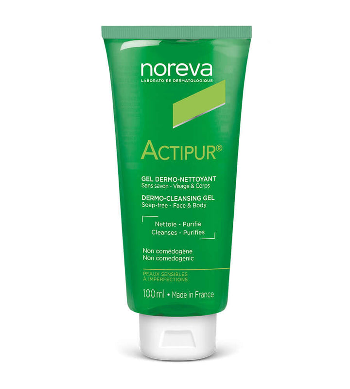 NOREVA Actipur Dermo Cleansing Gel tube for sensitive skin, 100ml, soap-free formula for face and body cleansing.