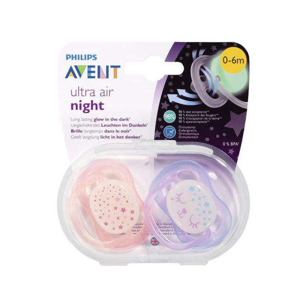 AVENT 2 Ultra Air Night Glow In The Dark Soothers 0-6m Girl