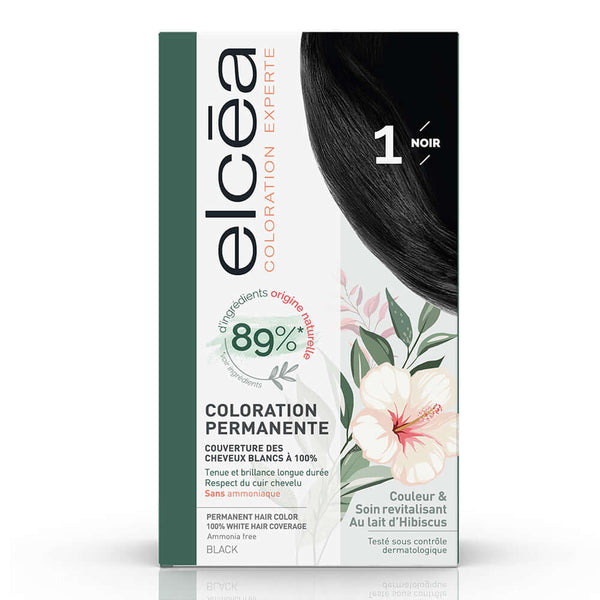 Elc‚a Coloration Experte Black 1 permanent hair dye box, ammonia-free with hibiscus milk for 100% white hair coverage.