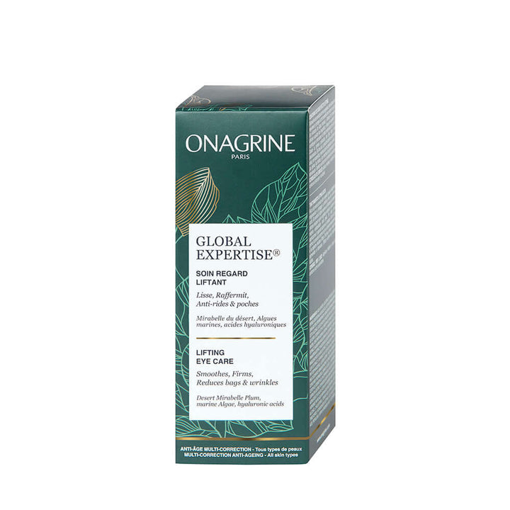 ONAGRINE Global Expertise eye care packaging for lifting, reducing wrinkles, and enhancing the sensitive eye area, 15ml.