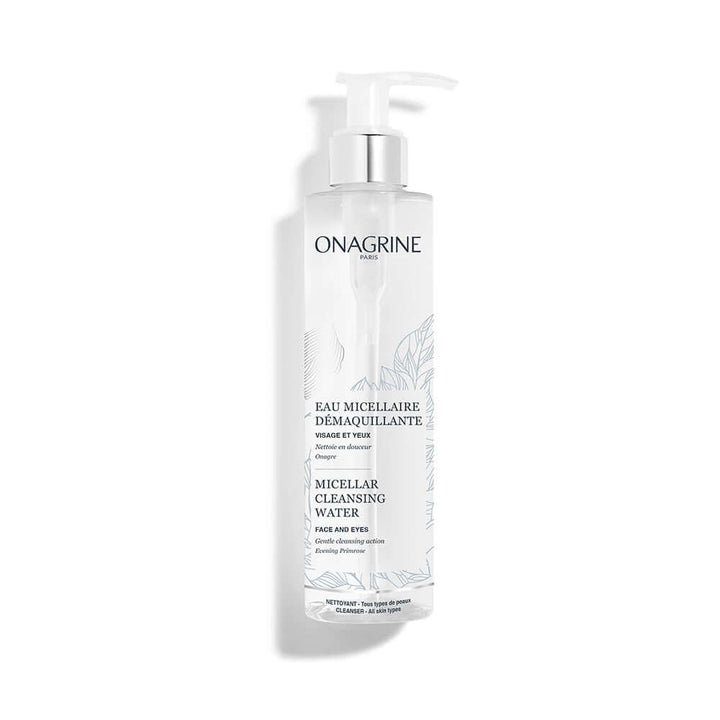 Onagrine Micellar Cleansing Water 300ML bottle with pump for face, eyes, and lips, suitable for sensitive skin. Paraben free.