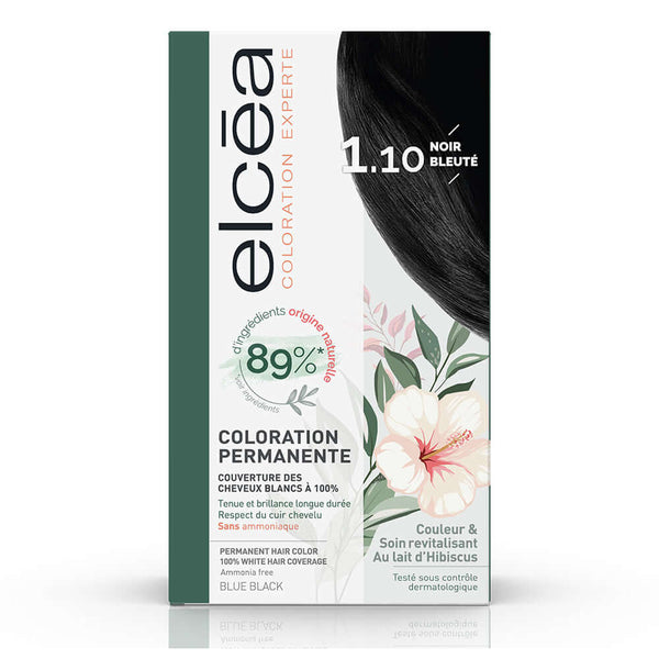 Elc‚a Coloration Blue Black 1.1 hair dye box with floral design, ammonia-free, 100% white hair coverage, 89% natural ingredients.