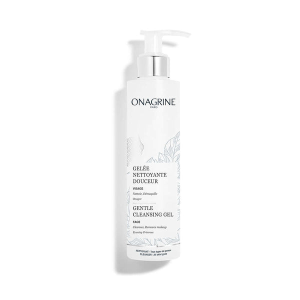 ONAGRINE Gentle Cleansing Gel 200ml bottle for face, rich creamy texture, removes makeup, suitable for sensitive skin.