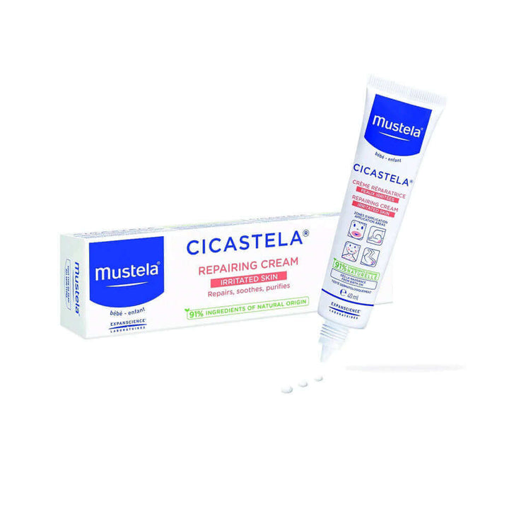 Mustela Cicastela 40ml repairing cream for irritated skin, designed to soothe and purify sensitive areas. Not for sale.