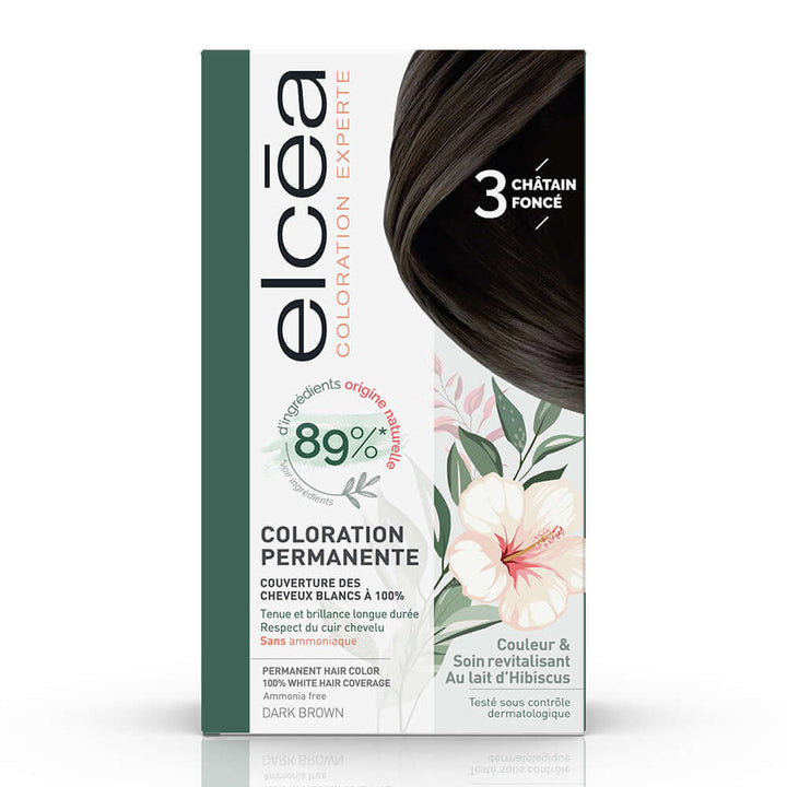 Elc‚a Coloration Experte Dark Brown hair dye box with natural ingredients and hibiscus milk for permanent color. Ammonia-free.