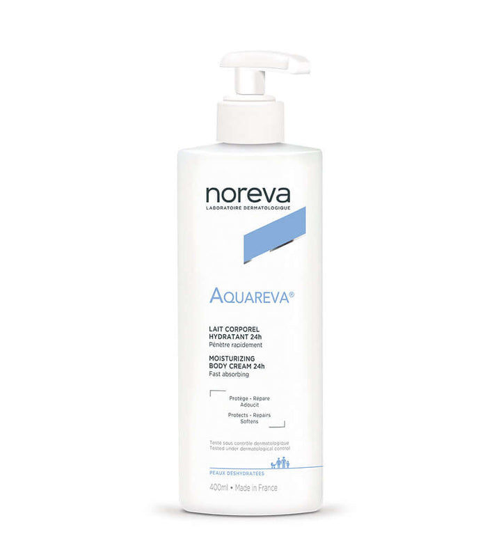 NOREVA Aquareva 24h Moisturising Body Milk 400ml bottle for extremely dehydrated skin hydration and softness.