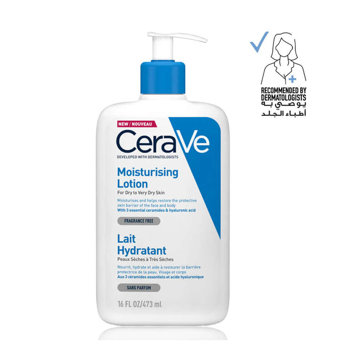 CeraVe Moisturizing Lotion bottle with pump, dermatologist-recommended for dry skin, 16 FL OZ, lightweight and fragrance-free formula.