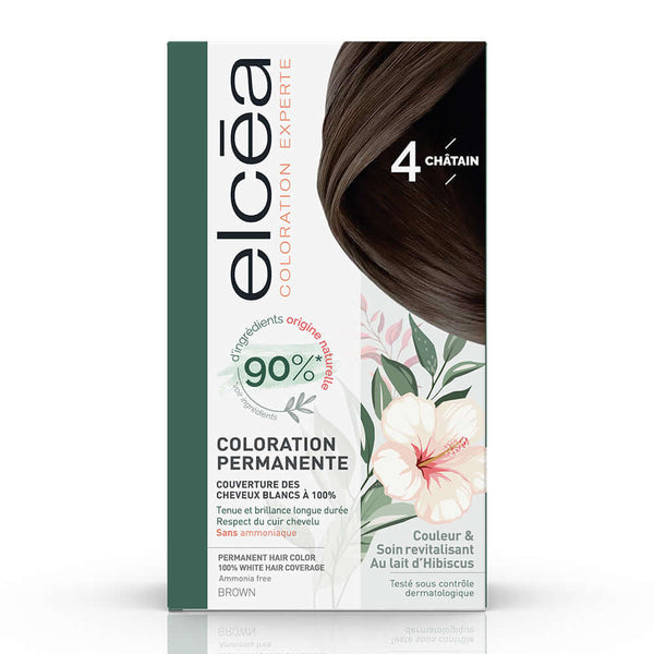 ELCEA Coloration Brown 4 packaging featuring ammonia-free permanent hair dye with natural ingredients and hibiscus milk.