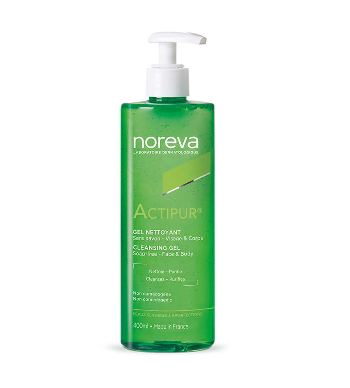 NOREVA Actipur Gel Dermo Nettoyant 400ml bottle, soap-free cleansing gel for sensitive skin, purifies and removes impurities.