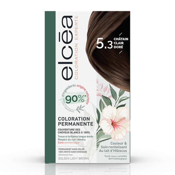 ELCEA Coloration Light Golden Brown 5.3 hair dye box with 90% natural ingredients and hibiscus milk for permanent color.