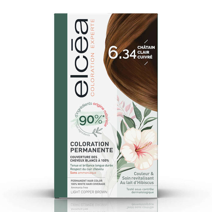 Elc‚a Coloration Light Copper Brown 6.34 packaging, ammonia-free formula with 90% natural ingredients for permanent hair color.