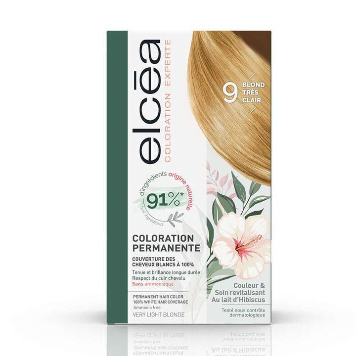 Elc‚a Coloration Very Light Blond 9, ammonia-free hair dye with hibiscus milk for 100% white hair coverage.