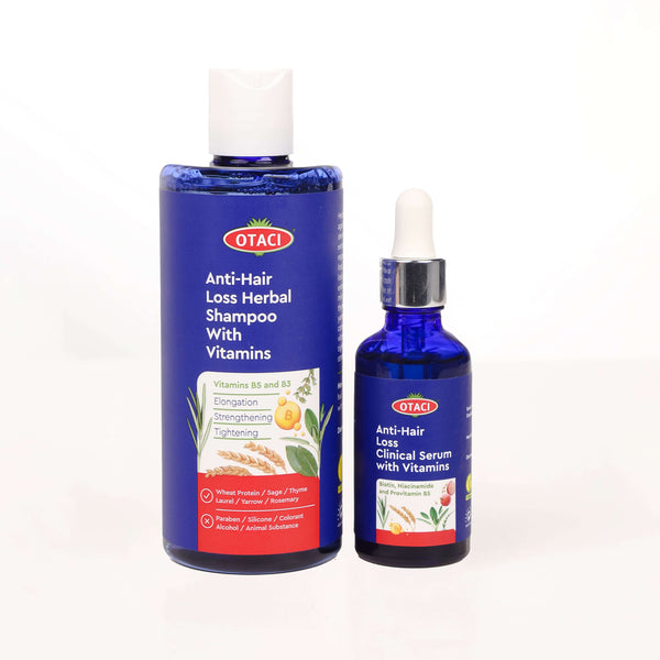 OTACI Anti-Hair Loss Herbal Shampoo and Serum with Vitamins B3 and B5 for hair strengthening and revitalization.