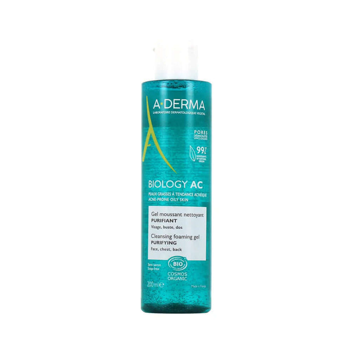 A-DERMA Biology AC purifying foaming gel 200ML in a clear bottle with a label highlighting purity and organic ingredients.