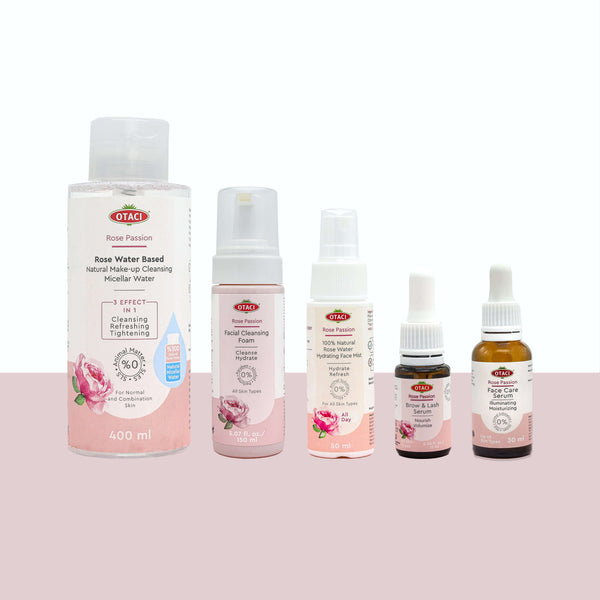 OTACI Bloom Essentials Kit featuring cleansing foam, micellar water, hydrating mist, and face care serum.