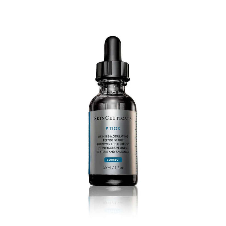 SKINCEUTICALS P-TIOX Anti-Wrinkle Serum in black dropper bottle for reducing expression lines and enhancing skin radiance.