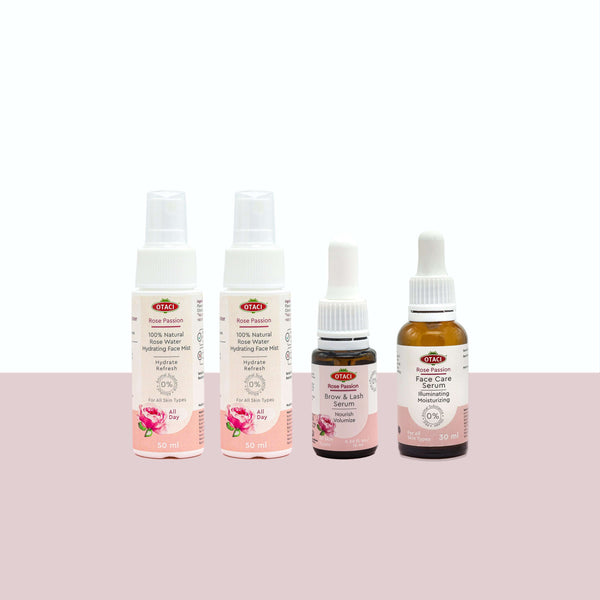 OTACI Glow & Grow Kit featuring Rose Passion Face Serum, Brow and Lash Serum, and Water Hydrating Face Mist.