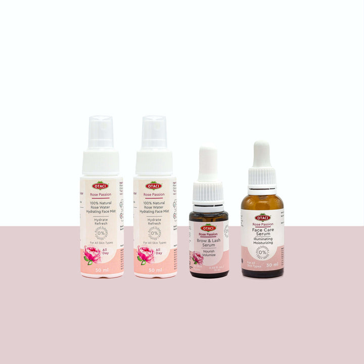 OTACI Glow & Grow Kit featuring Rose Passion Face Serum, Brow and Lash Serum, and Water Hydrating Face Mist.