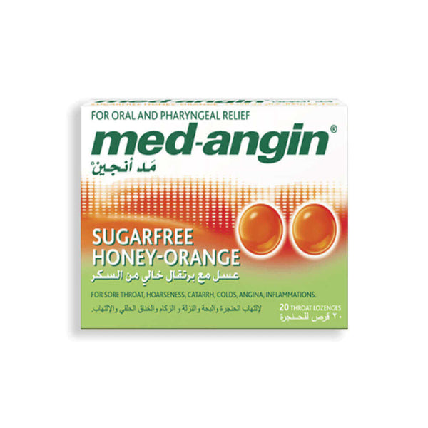 MEDANGIN Sugar-Free Honey-Orange Lozenges for throat relief, suitable for colds and inflammations, 20 count box.