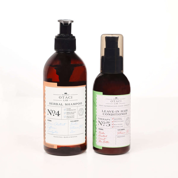 OTACI Strength and Shine N4 herbal shampoo and N5 leave-in conditioner bottles on a white background.