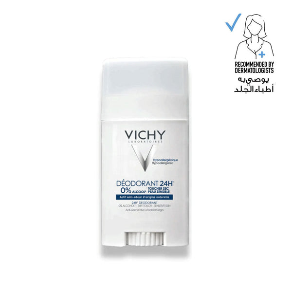 Vichy 24 Hour Mineral Aluminium Free Deodorant Stick for sensitive skin in 40ml, dermatologist recommended product.