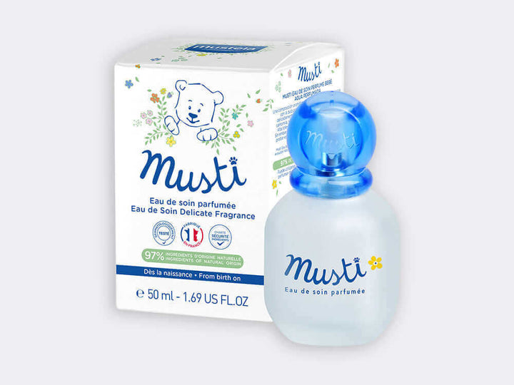 MUSTELA Musti 50ml delicate fragrance bottle with packaging, suitable for newborns and featuring a cute bear design.