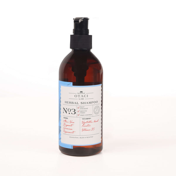 OTACI Lab N3 Straightening Shampoo bottle, sulfate-free formula for frizz control and deep nourishment with essential oils.