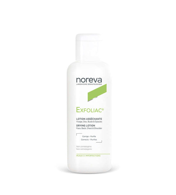 NOREVA Exfoliac Lotion ass‚chante 125ml for acne-prone skin, helps combat blemishes on face, back, and chest.