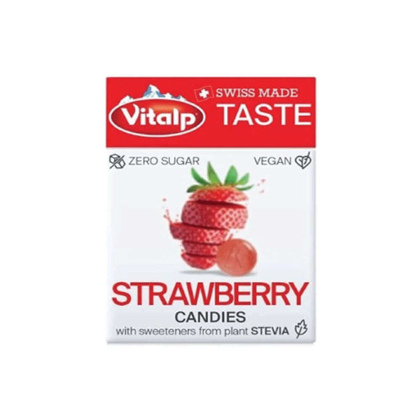 VITALP Strawberry Sugar Free Candies, Swiss made, zero sugar, vegan, sweetened with stevia, compact travel-friendly pack.