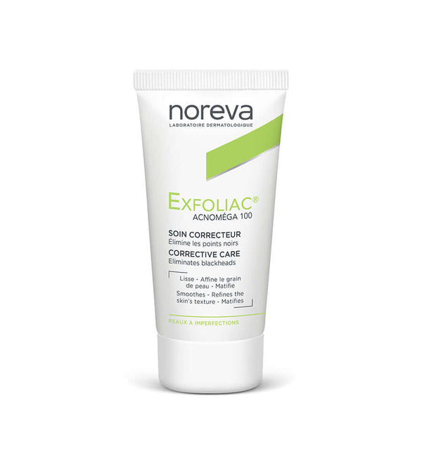 NOREVA Acnom‚ga 100 Exfoliac tube for correcting blemishes and unclogging pores, promoting smooth skin.