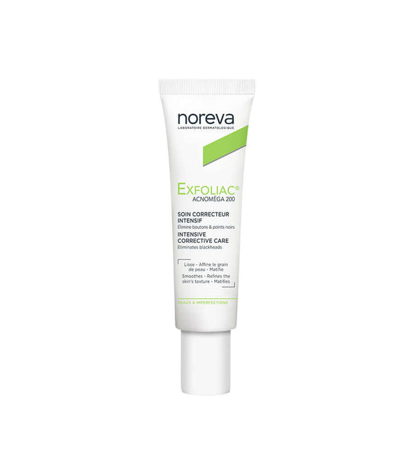 Noreva Exfoliac Acnom‚ga 200 skin care product for moderate blemishes in a 40 ml tube.