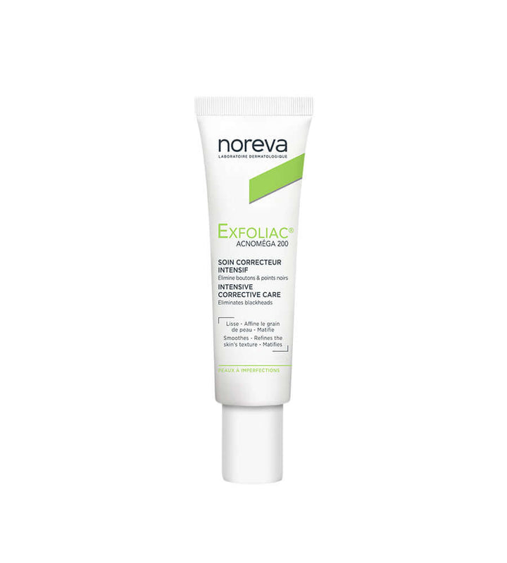 Noreva Exfoliac Acnom‚ga 200 skin care product for moderate blemishes in a 40 ml tube.