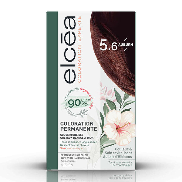 Elc‚a Auburn 5.6 hair dye box featuring ammonia-free formula and 90% natural ingredients for vibrant color and white hair coverage.