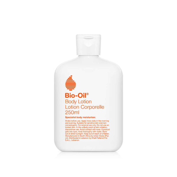 Bio-Oil Body Lotion 250ml bottle, a specialist moisturizer for hydration and skin nourishing. Not for sale.