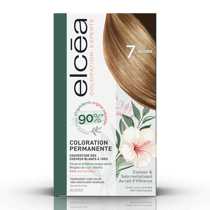 Elc‚a Coloration Blond 7 packaging featuring ammonia-free, natural ingredients for permanent hair color and 100% white coverage.