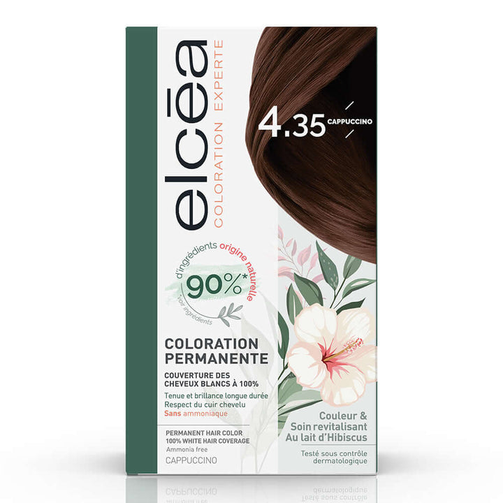 ELCEA Coloration Cappucino 4.35, ammonia-free permanent hair dye with 90% natural ingredients and hibiscus milk for white hair coverage.