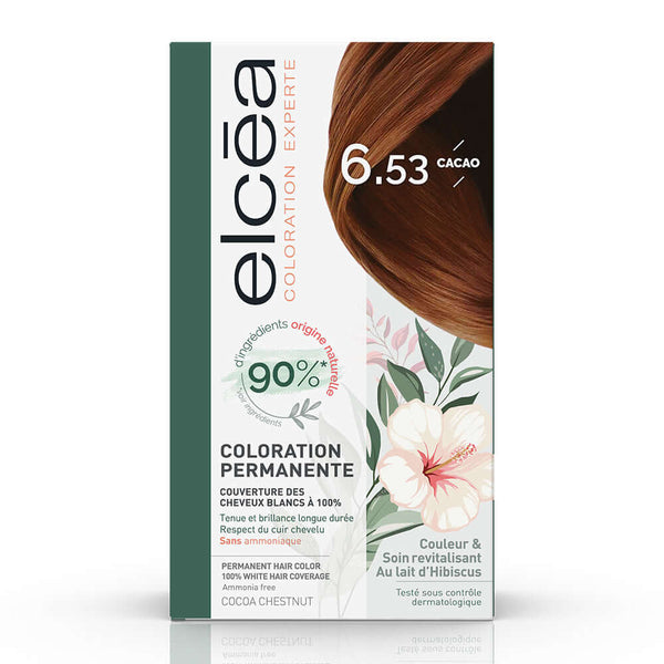 ELCEA Coloration Cocoa Chestnut 6.53 permanent hair dye packaging, ammonia-free formula with 90% natural ingredients.