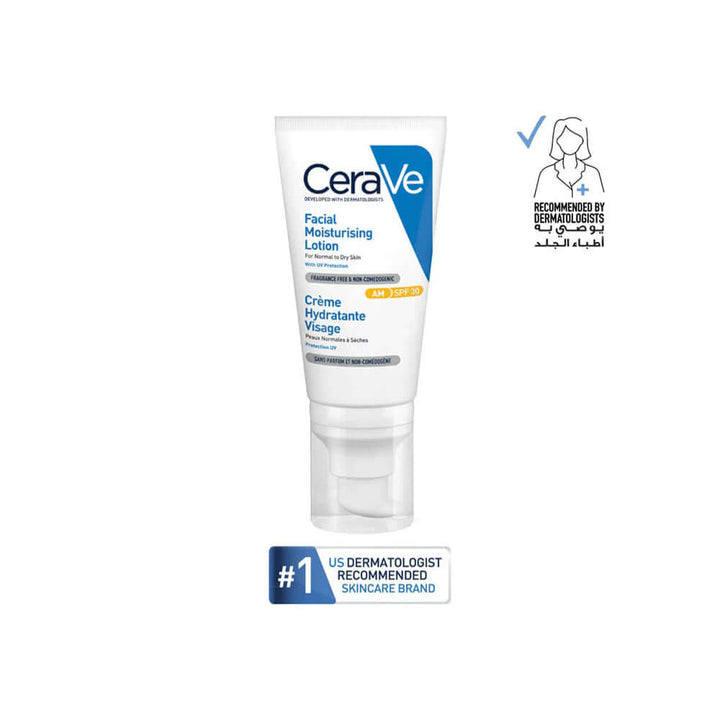 CeraVe AM Facial Moisturizing Lotion SPF30 for normal to dry skin, dermatologist-recommended, with broad spectrum UV protection.