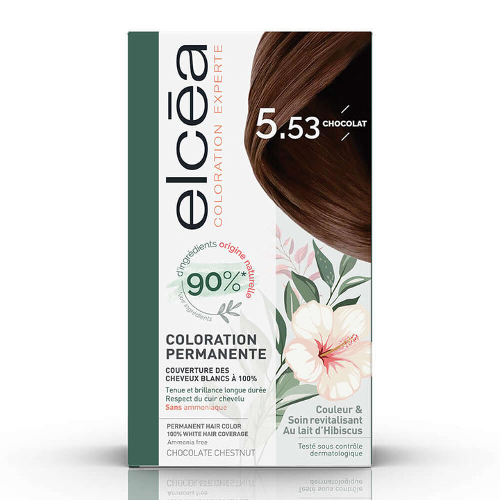 Elc‚a Coloration Chocolate Chestnut 5.53 hair dye box showcasing ammonia-free formula and natural ingredients.