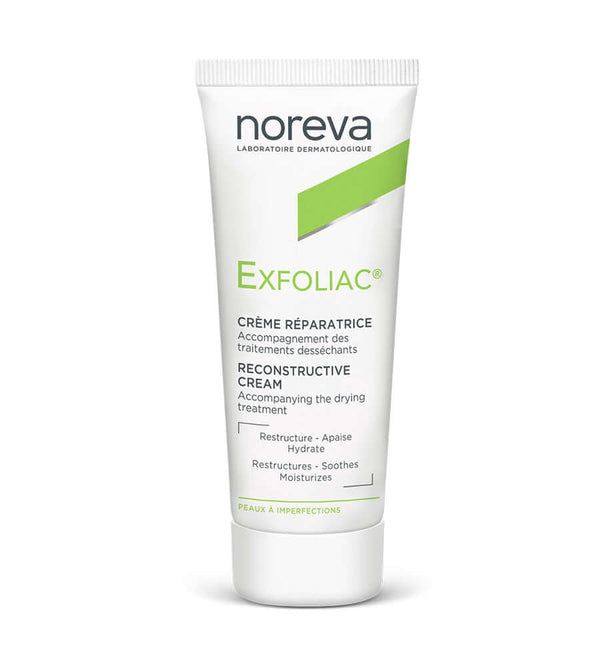 NOREVA Exfoliac CrŠme R‚paratrice 40ML bottle for soothing and moisturizing skin damaged by medicinal treatments.