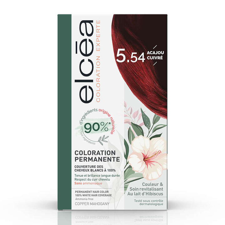 ELCEA Coloration Copper Mahogany 5.4 hair dye box with 90% natural ingredients and hibiscus milk for full grey coverage.