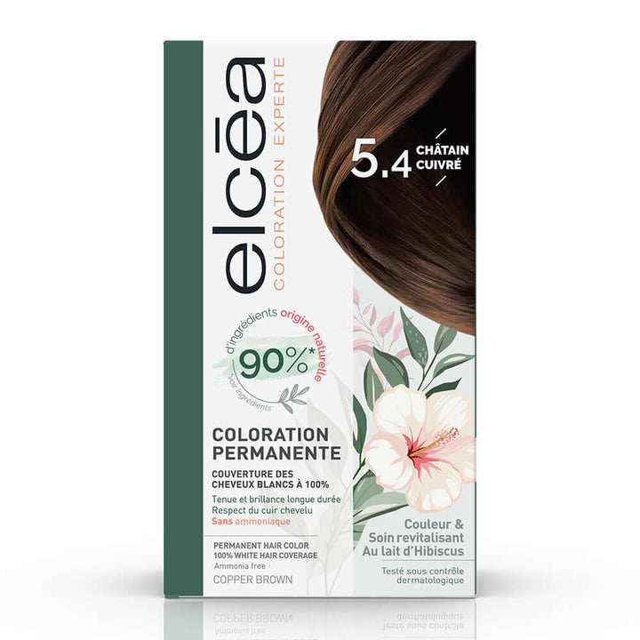 ELCEA Coloration Copper Brown 5.4 box showing ammonia-free hair dye with natural ingredients and hibiscus milk.