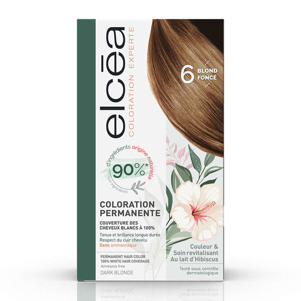 ELCEA Dark Blonde 6 hair color box, ammonia-free, 90% natural ingredients, permanent white coverage with hibiscus milk.