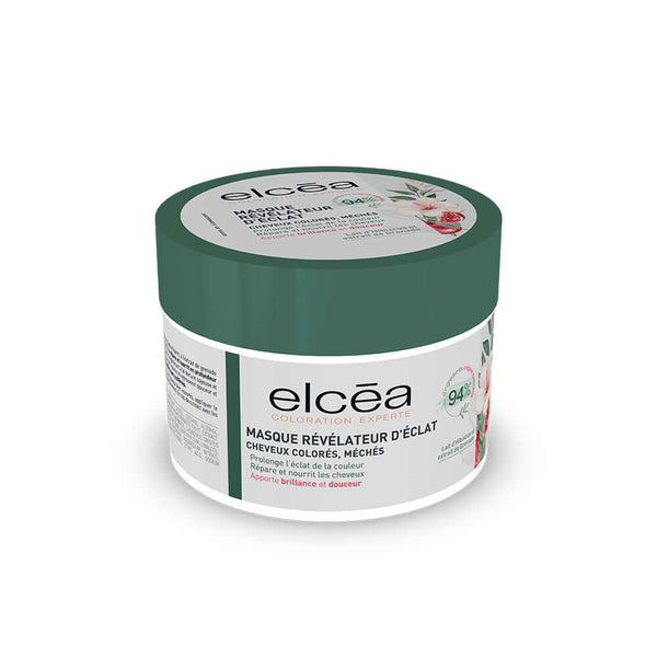 ELCEA Coloration Radiance Enhancing Mask jar, paraben-free formula for colored hair, enriched with phytoceramides and pomegranate extract.