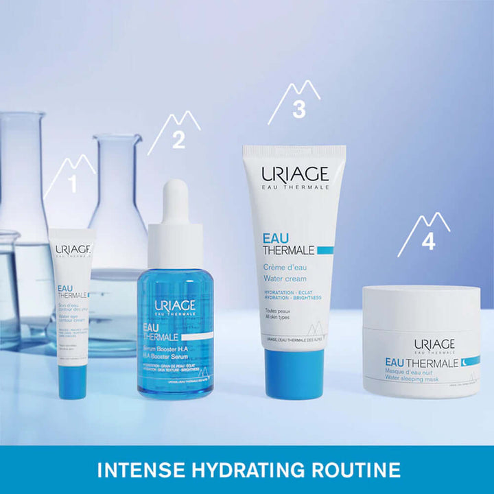 Uriage Eau Thermale intense hydrating routine featuring Water Eye Cream, Booster Serum, and moisture-rich products for skincare.