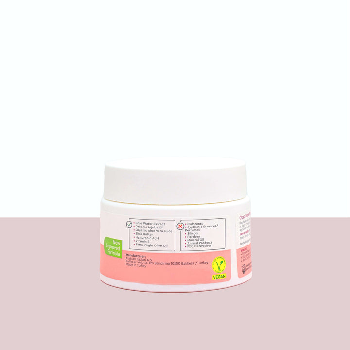 OTACI Rose Deep Hydration Face Cream jar with ingredient label and vegan certification on a soft pastel background.