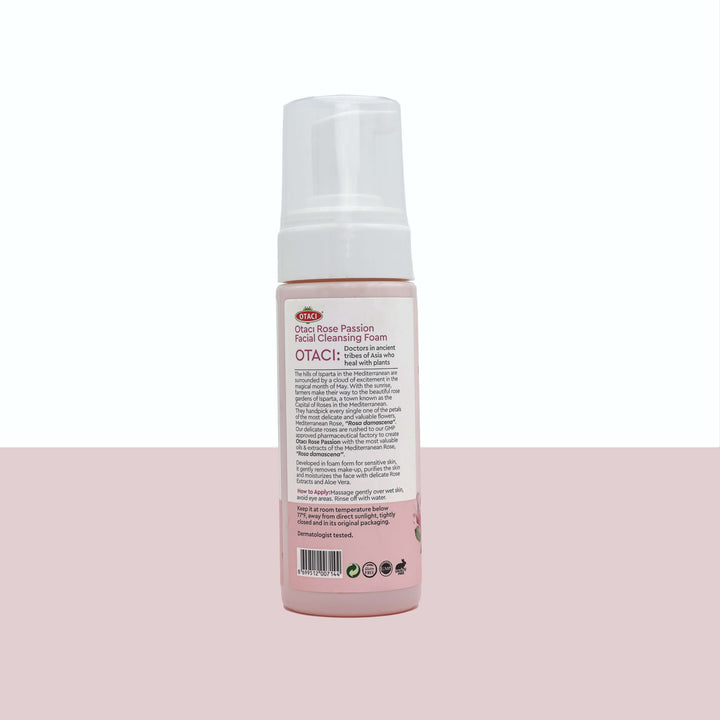 OTACI Rose Passion Facial Cleansing Foam 150ML bottle with product details on the back, featuring natural ingredients.