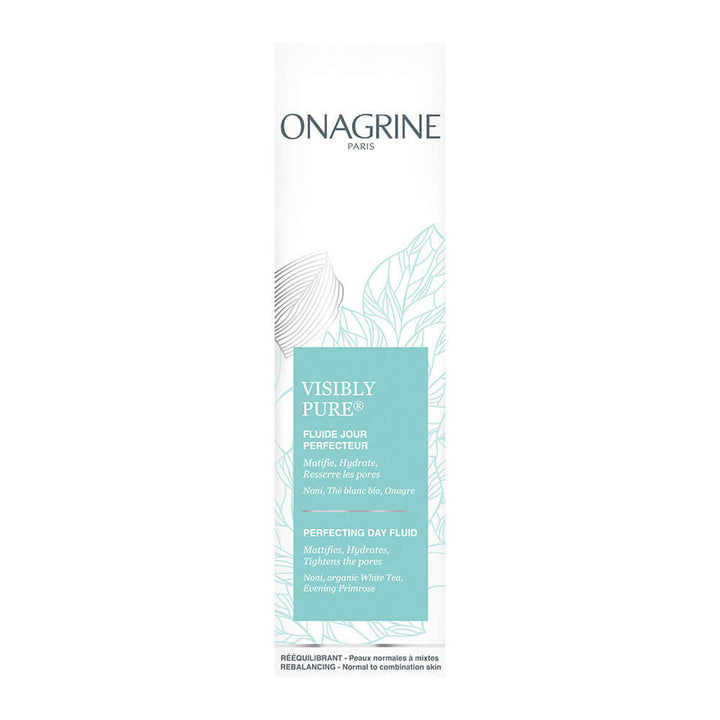 ONAGRINE Visibly Pure Perfecting Day Fluid packaging, 40ML, featuring a clean and fresh design with botanical elements.